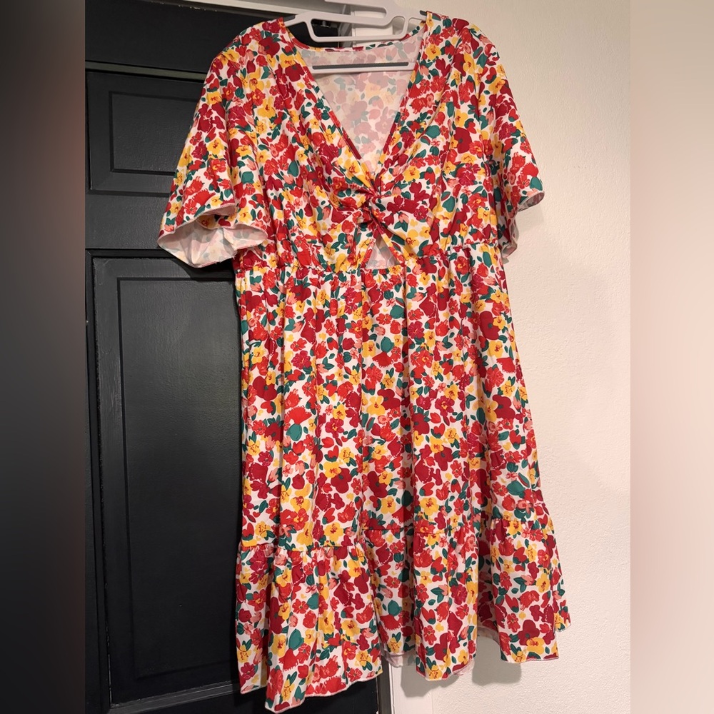 SHEIN Floral Midi Dress - Red, Yellow, Green